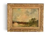 une peinture à l'huile représentant un paysage fluvial avec un bateau au loin