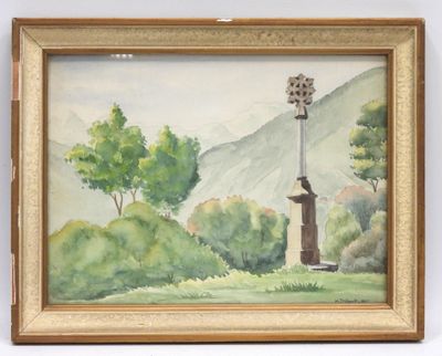 a painting of a clock tower in the middle of a field