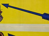 two stickers with a picture of a man holding a toothbrush and an arrow