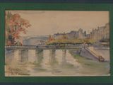 a painting of a bridge over a river with a castle in the background