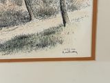 drawing of a tree in a field with a bench in the foreground