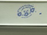 a close up of a blue and white plate with a flower design on it