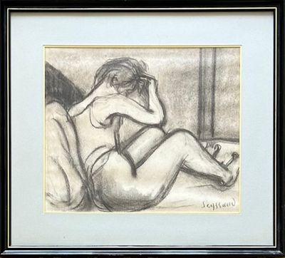 dessin représentant une femme nue assise sur un lit, la tête entre les mains
