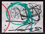 abstract painting of green, red, and black circles on a white background