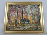 an oil painting of a park scene with trees and a bench