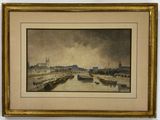 tableau représentant une vue de ville avec des bateaux sur l'eau