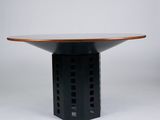 a close up of a table with a wooden top on a white background