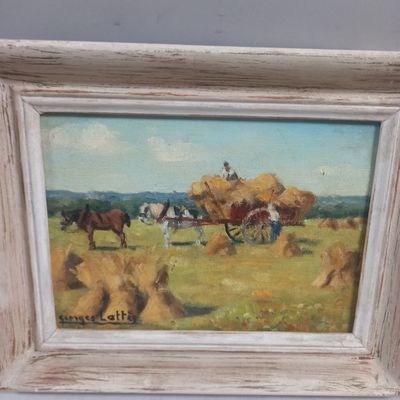 une peinture à l'huile représentant un homme sur un chariot tiré par un cheval dans un champ de foin