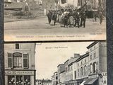 two old black and white photos of people walking down a street