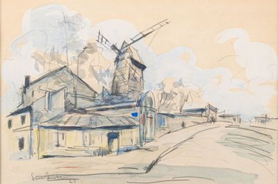 drawing of a windmill on a street with buildings in the background