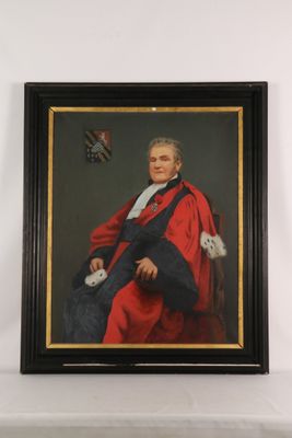 painting of a man in a red robe sitting in a chair