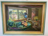 a painting of a guitar in a room with a window
