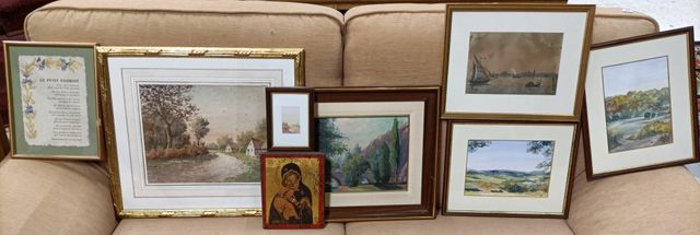 Lot de 8 cadres. Aquarelles « paysages », huile sur panneau, lith