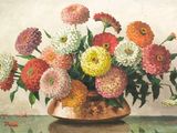 une peinture représentant un vase de fleurs sur une table