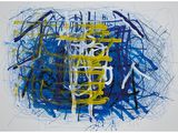 blue and yellow abstract painting on a white background