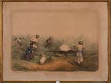 tableau représentant un groupe d'hommes et de femmes dans un champ, en compagnie d'un chien