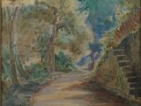 une peinture à l'huile représentant une route de campagne avec des arbres en arrière-plan