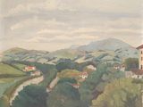 tableau représentant une vue d'un village avec une rivière et des collines en arrière-plan