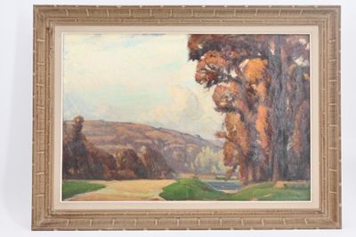 une peinture à l'huile représentant un paysage avec des arbres et une route