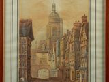 painting of a city street with a clock tower in the background