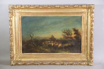 une peinture à l'huile représentant des moutons paissant dans un champ, avec une maison en arrière-plan