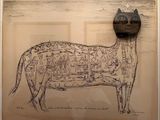 a picture of a drawing of a cow with a cat on it