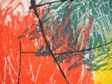 painting of a red, yellow, and green abstract painting with black lines