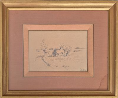 dessin représentant une maison dans un champ, avec des arbres en arrière-plan