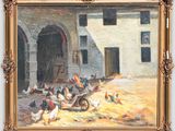 a painting of chickens in a barn with a building in the background