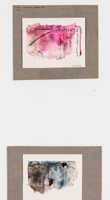 three framed paintings of different colors and shapes on a white wall