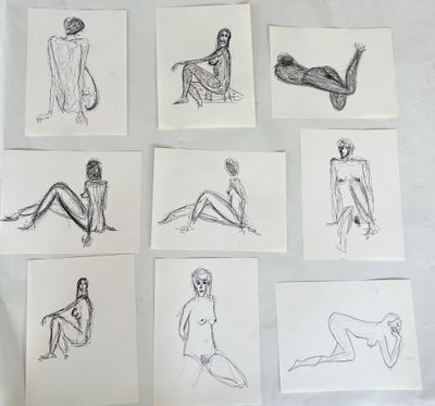 several sketches of a woman sitting on a bed with her legs crossed