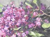 painting of a bunch of purple flowers in a vase on a table