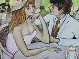 a painting of a man and a woman sitting at a table