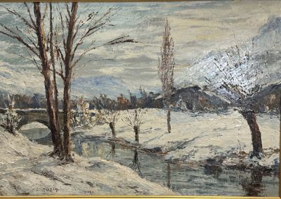 tableau représentant un paysage enneigé avec des arbres et une rivière