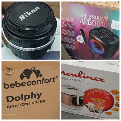 four different pictures of a camera lens and a box of food