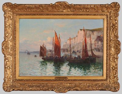 une peinture à l'huile représentant des bateaux sur l'eau près d'une falaise