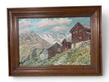 painting of a mountain scene with a house and a cow