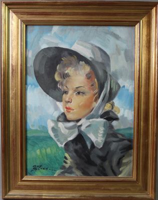 tableau représentant une jeune fille coiffée d'un chapeau noir et vêtue d'une robe blanche