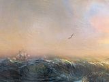 a painting of a ship in the middle of a large body of water
