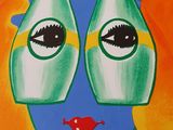 an image of a painting of a woman with two bottles on her face