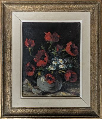 painting of red and white flowers in a vase on a table