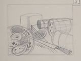 esquisses d'un dessin représentant une locomotive avec une horloge sur la voie ferrée