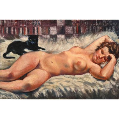 tableau représentant une femme nue allongée sur un lit, avec un chat noir en arrière-plan
