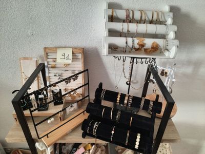 a display of jewelry on a table in a room