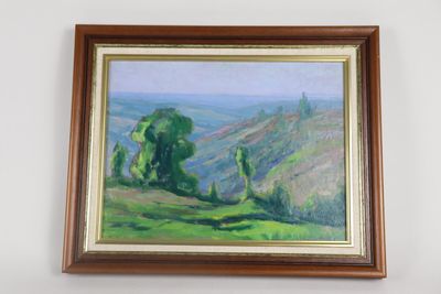 framed oil painting of a view of a hilly landscape with trees