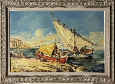 an oil painting of a sailboat and a boat on the water