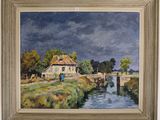 a painting of a house and a river in a field