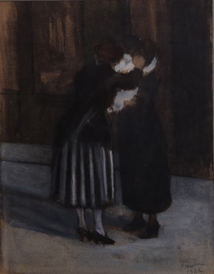 painting of a couple kissing in front of a building at night