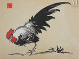 painting of a rooster with a red comb on it ' s head