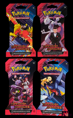 trois paquets de cartes à collectionner pokemon sont représentés sur un fond noir